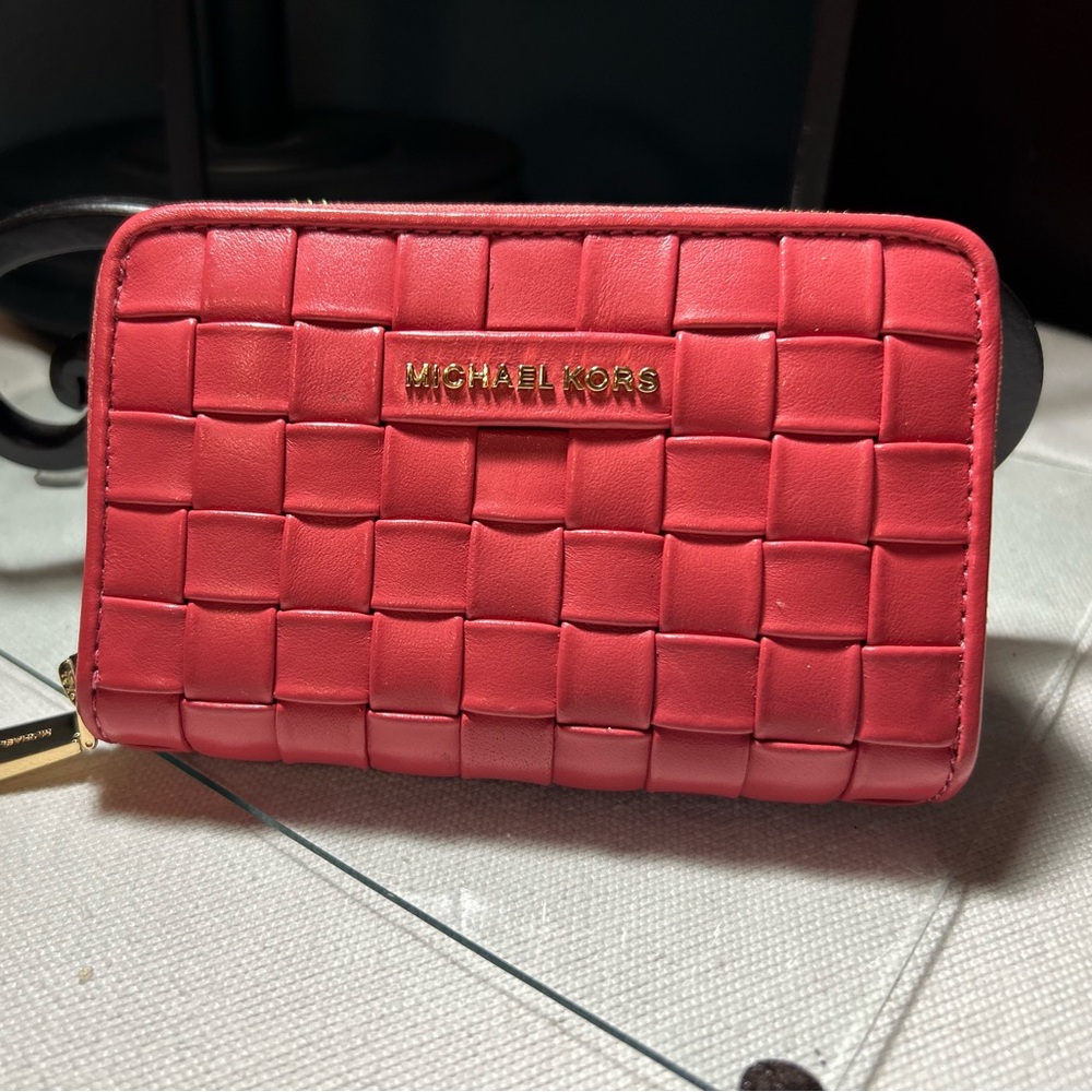 Michael Kors Coral Compact Woven Leather Wallet